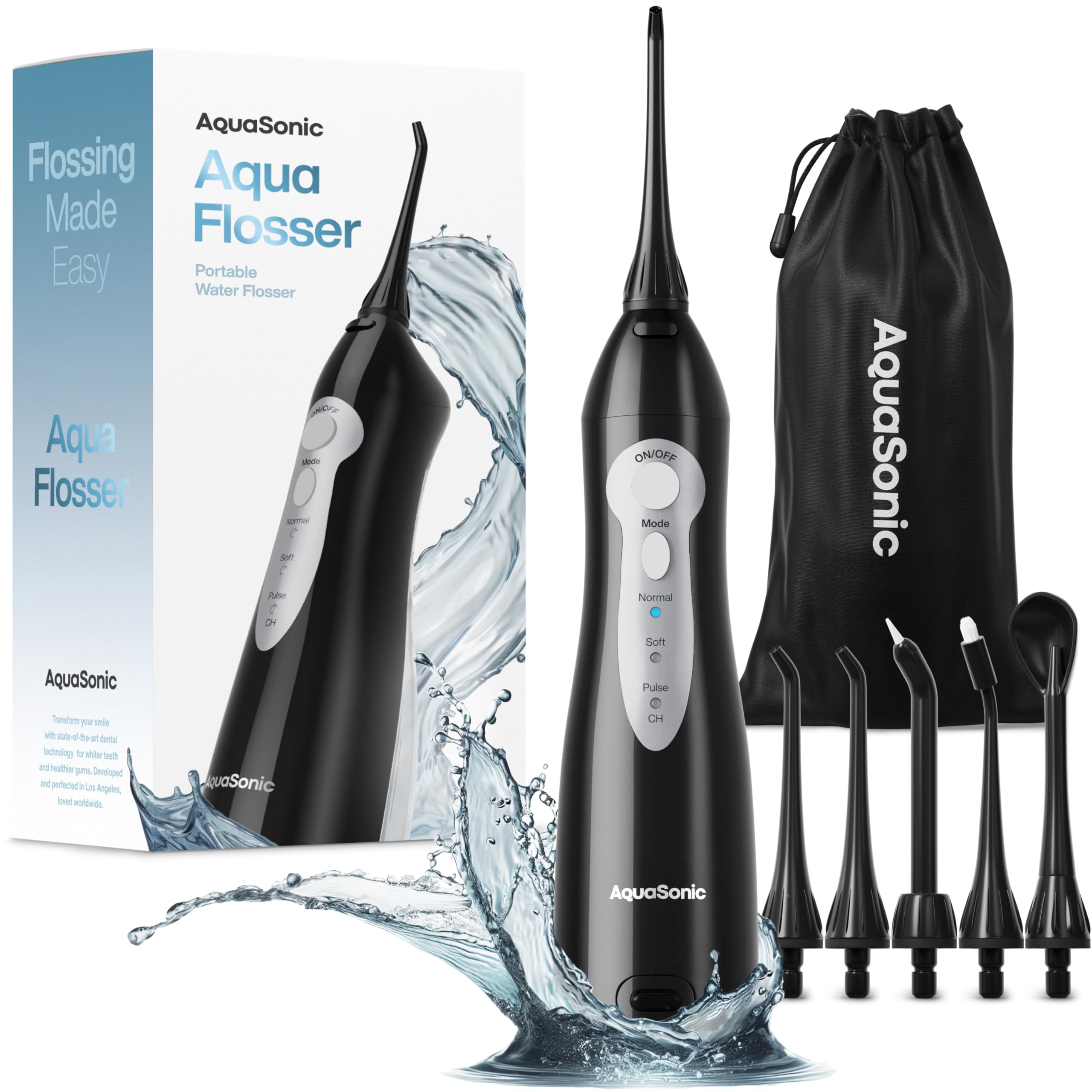 Aquasonic irrigador frontal mostrando diseño portátil y beneficio de limpieza profunda