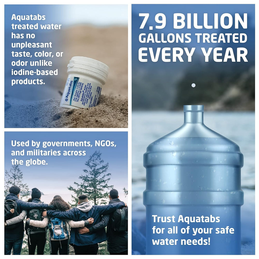 Tableta Aquatabs disolviéndose en agua, acción rápida para purificar