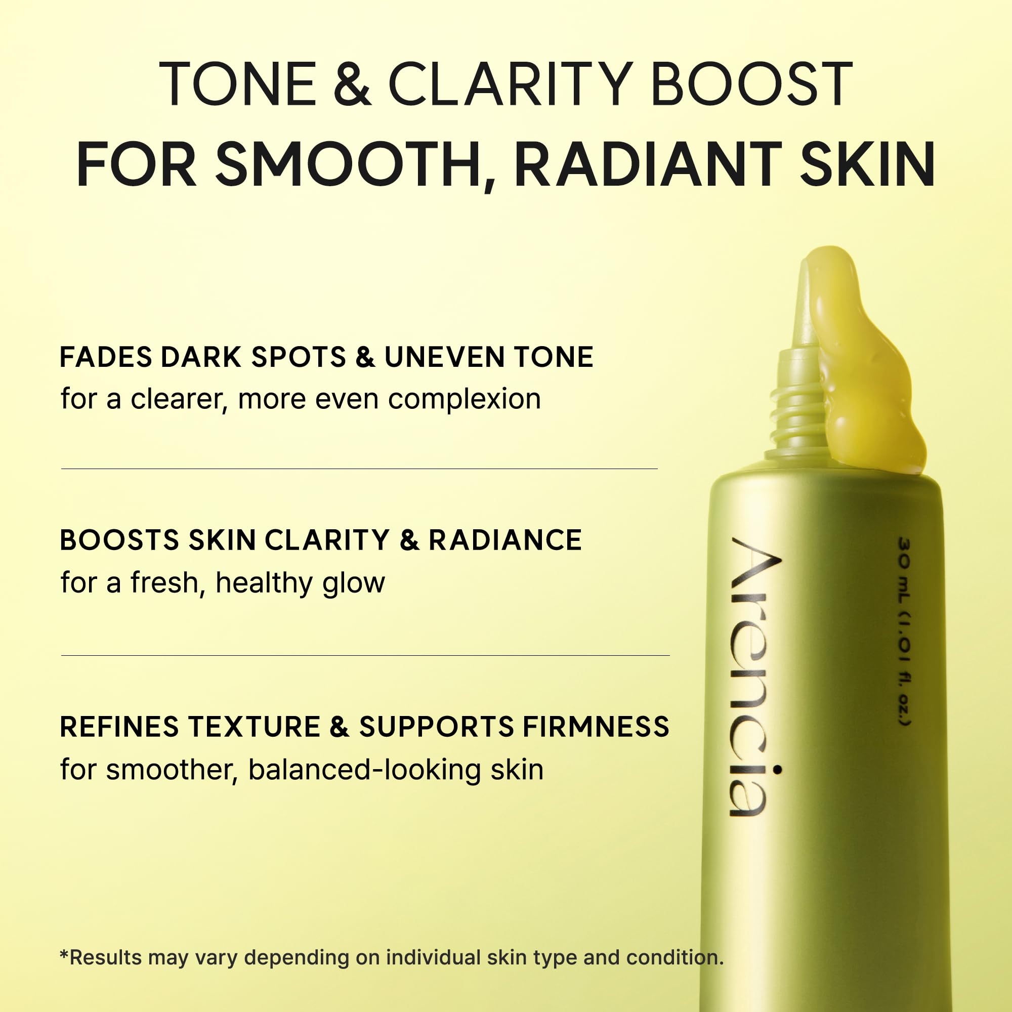 ARENCIA serum en mano, escala 30 ml para tamaño y dosificación