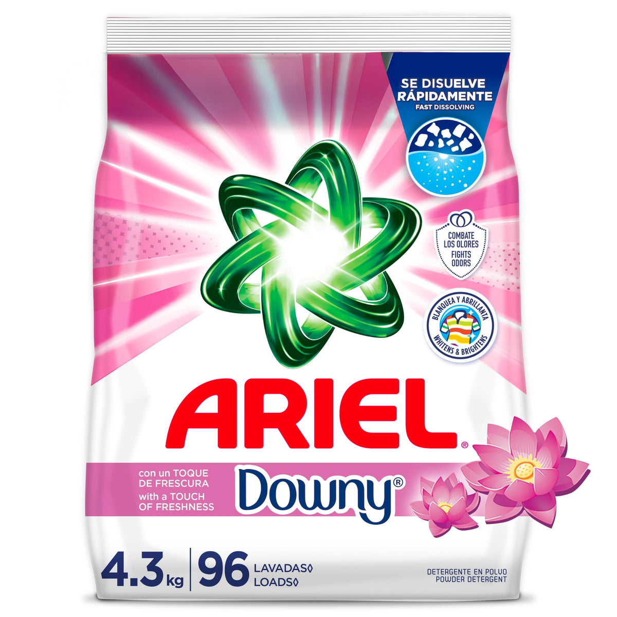 ARIEL polvo 4.3 kg vista frontal que muestra envase resistente y ahorro por carga