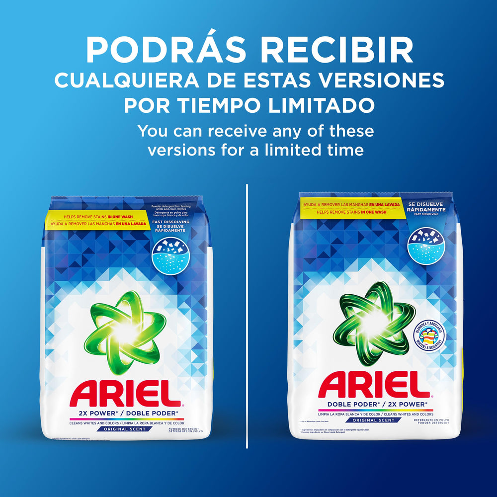 ARIEL resultado antes y después en prenda blanca mostrando blanqueo