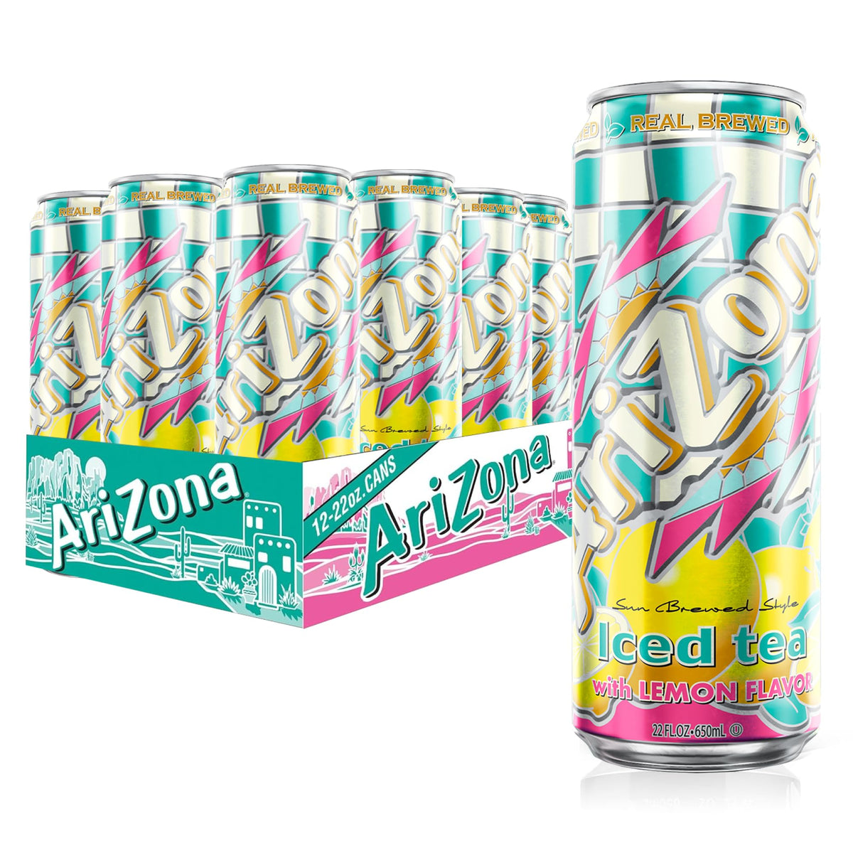 AriZona lata frontal mostrando etiqueta y volumen grande, refresco listo