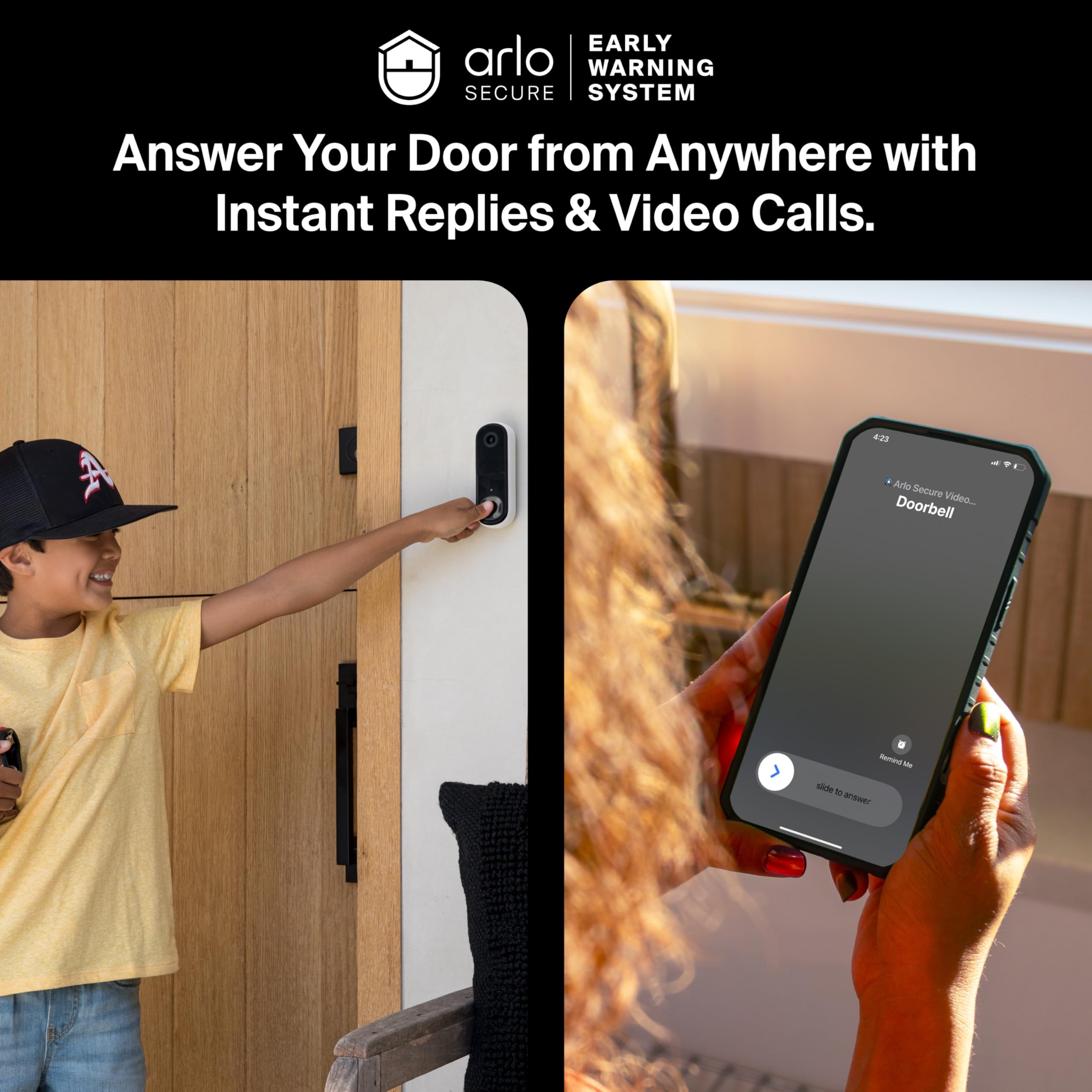 Arlo comparación de tamaño en mano mostrando instalación compacta