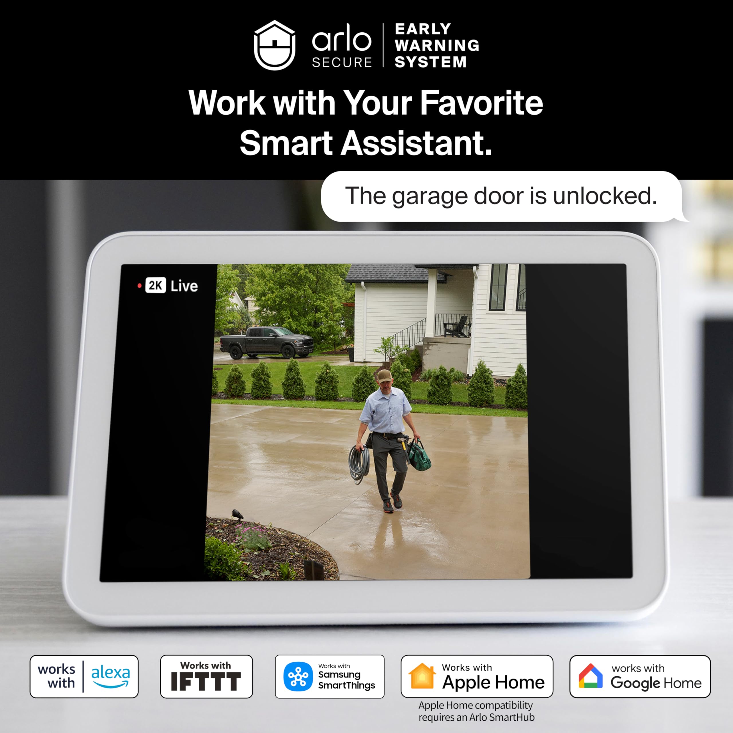 Arlo app móvil mostrando alerta y comunicación bidireccional instantánea
