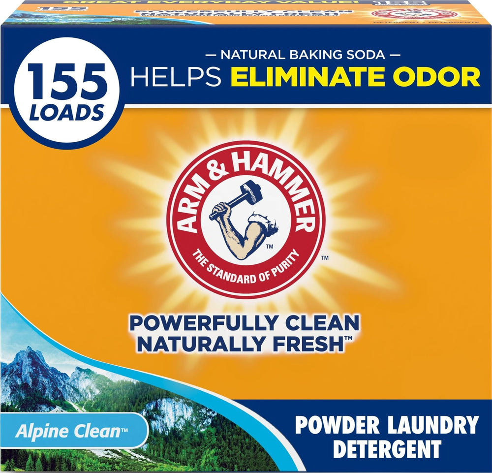 Arm & Hammer frente del empaque mostrando tamaño y aroma Alpine Clean beneficios de rendimiento