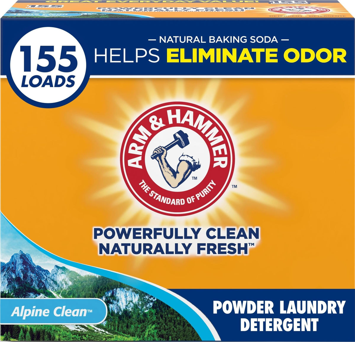 Arm & Hammer frente del empaque mostrando tamaño y aroma Alpine Clean beneficios de rendimiento