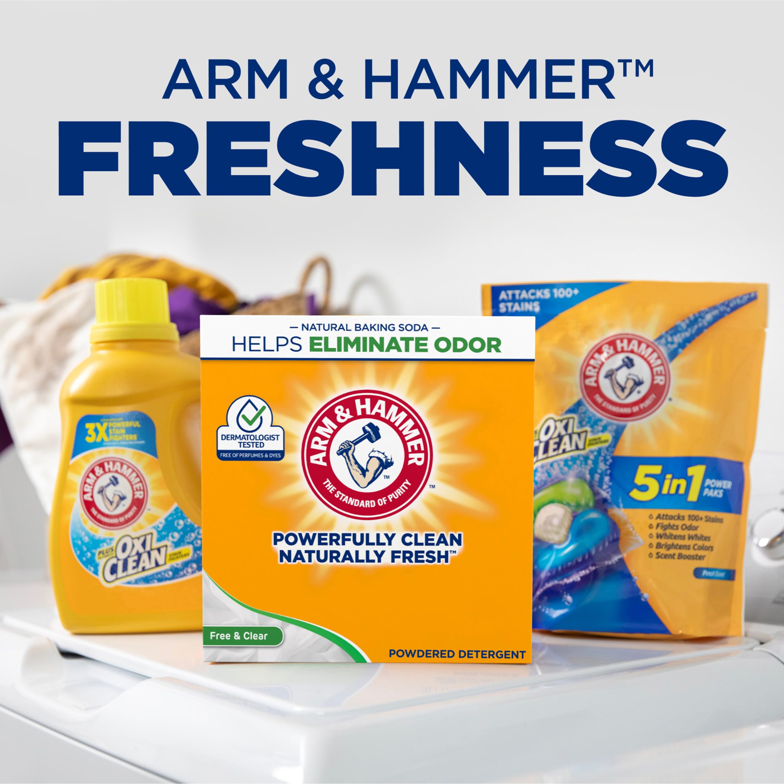 Arm & Hammer caja abierta con cuchara medidora mostrando dosificación fácil