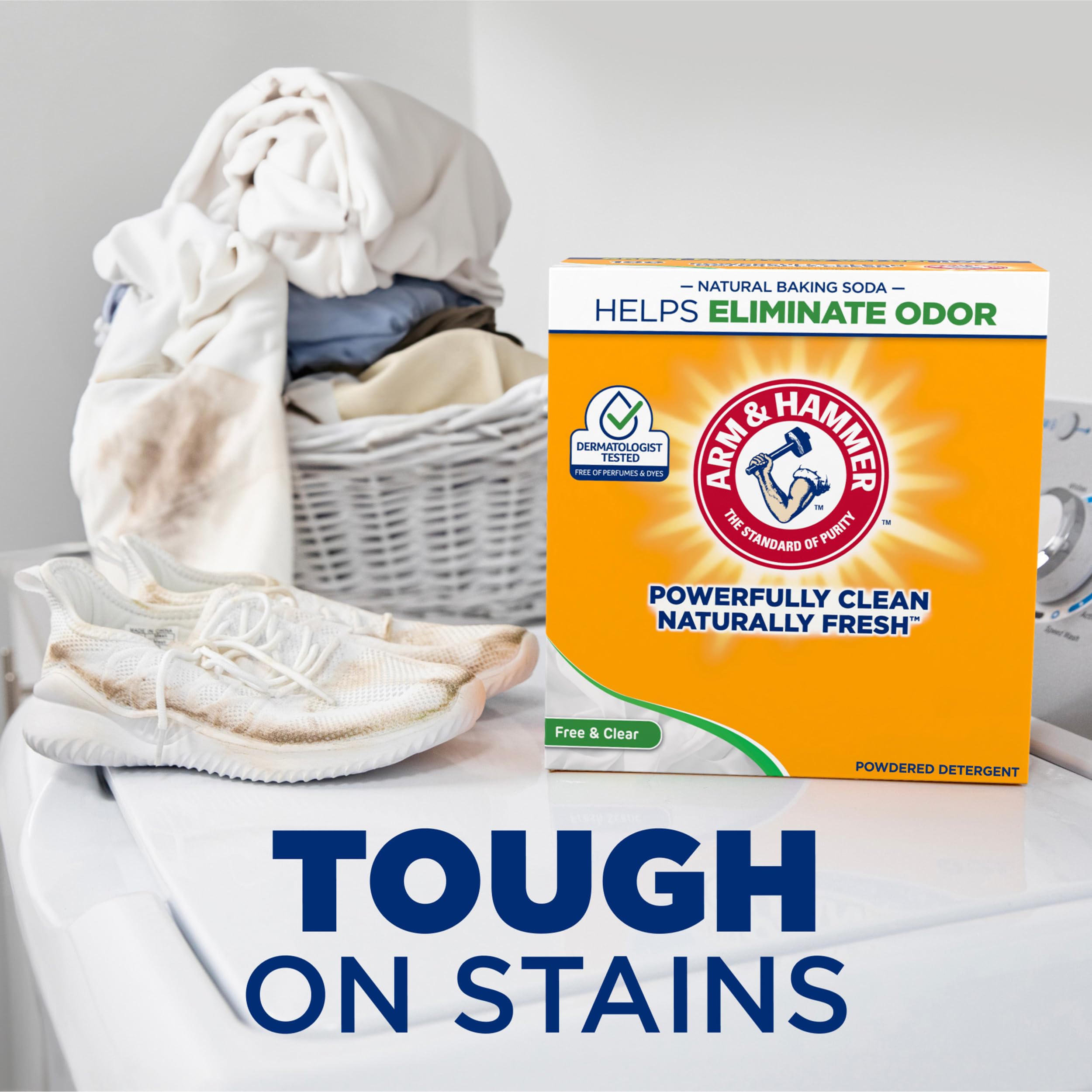 Arm & Hammer etiqueta con ingredientes y tres acciones, transparencia y seguridad