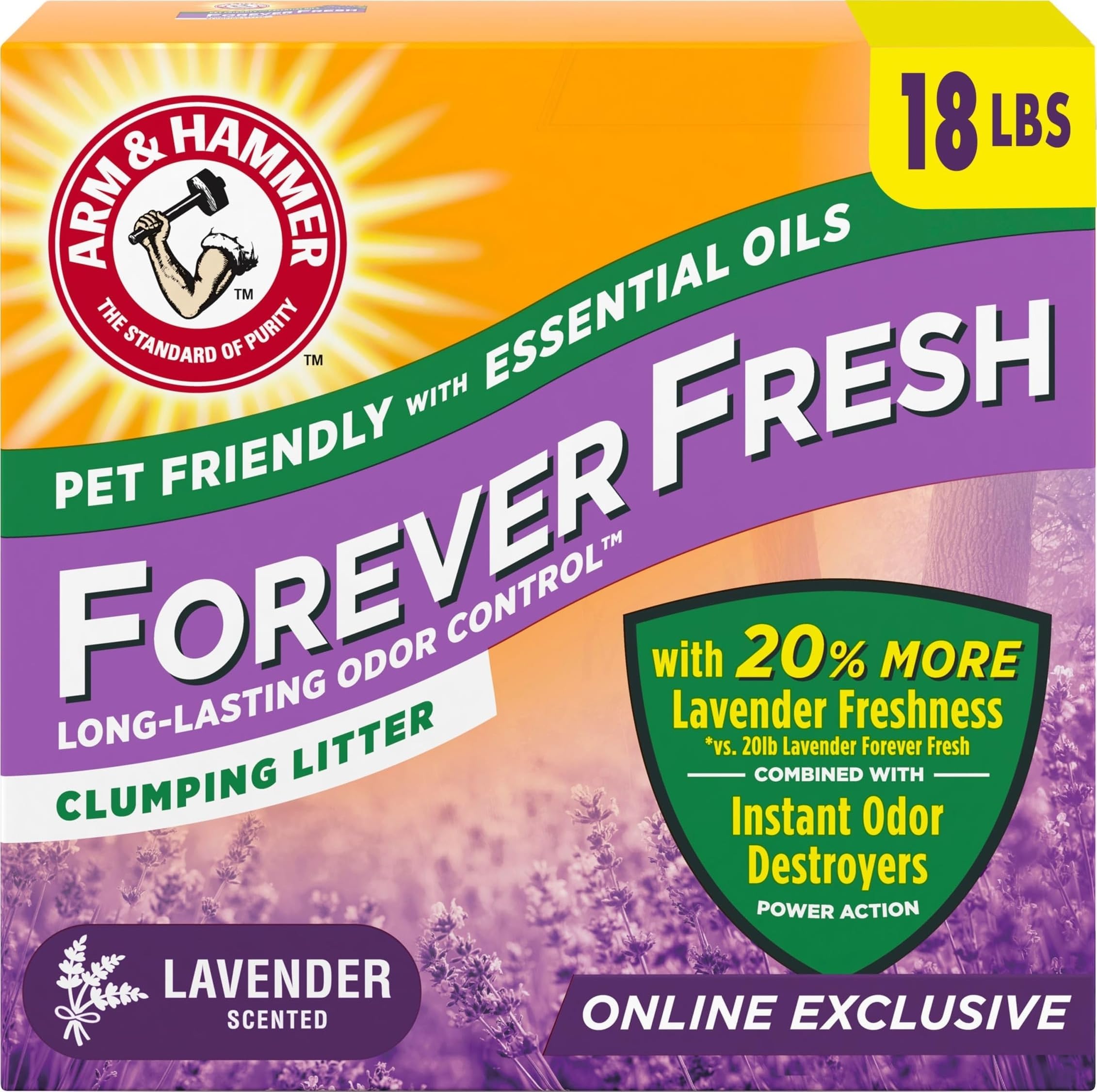 Arm & Hammer frontal del envase mostrando la presentación de 18 lb y beneficio de frescura