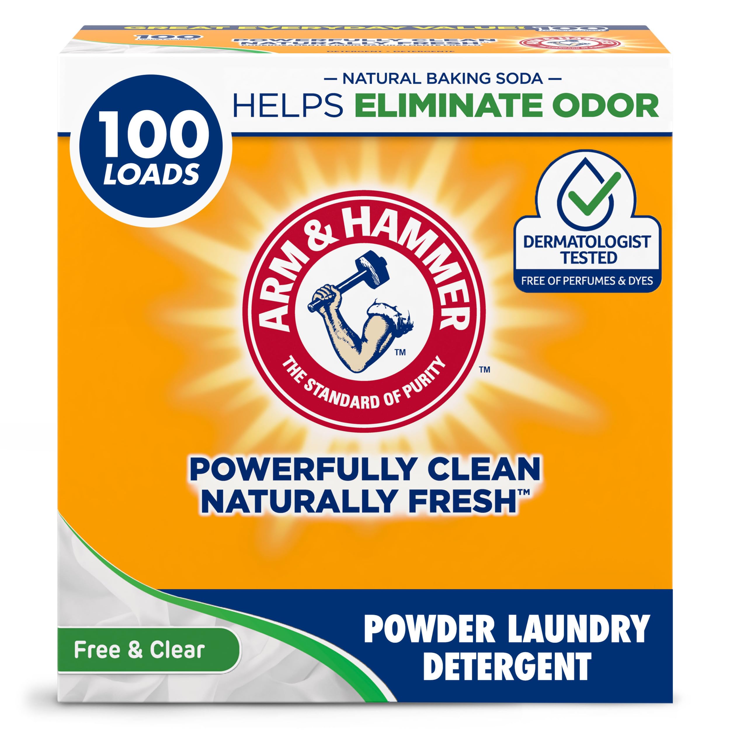 Arm & Hammer frente del paquete mostrando marca y libre de fragancias, limpieza eficaz