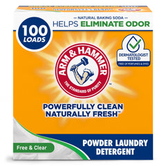 Arm & Hammer frente del paquete mostrando marca y libre de fragancias, limpieza eficaz