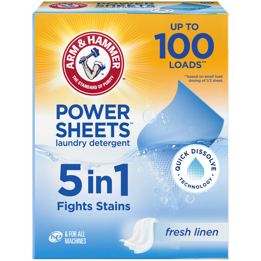 Arm & Hammer frente del empaque Fresh Linen mostrando 50 hojas y beneficio de ahorro