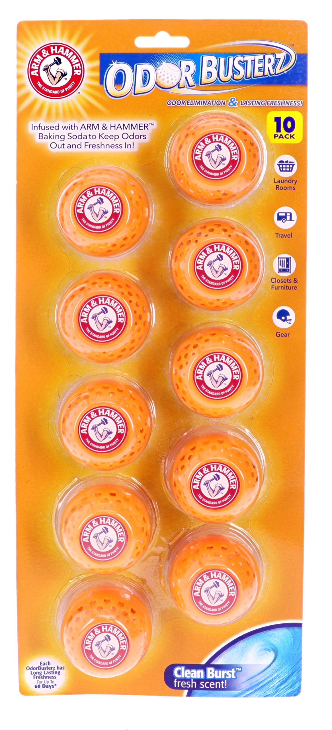 Arm & Hammer empaque frontal mostrando las 10 bolas y beneficio de control de olores
