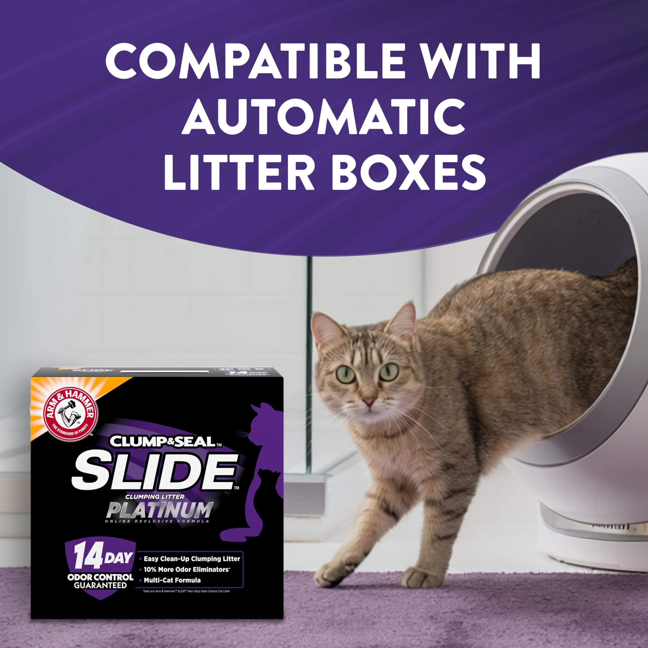 Arm & Hammer arena dentro de caja robótica compatible con sensores y limpieza automática