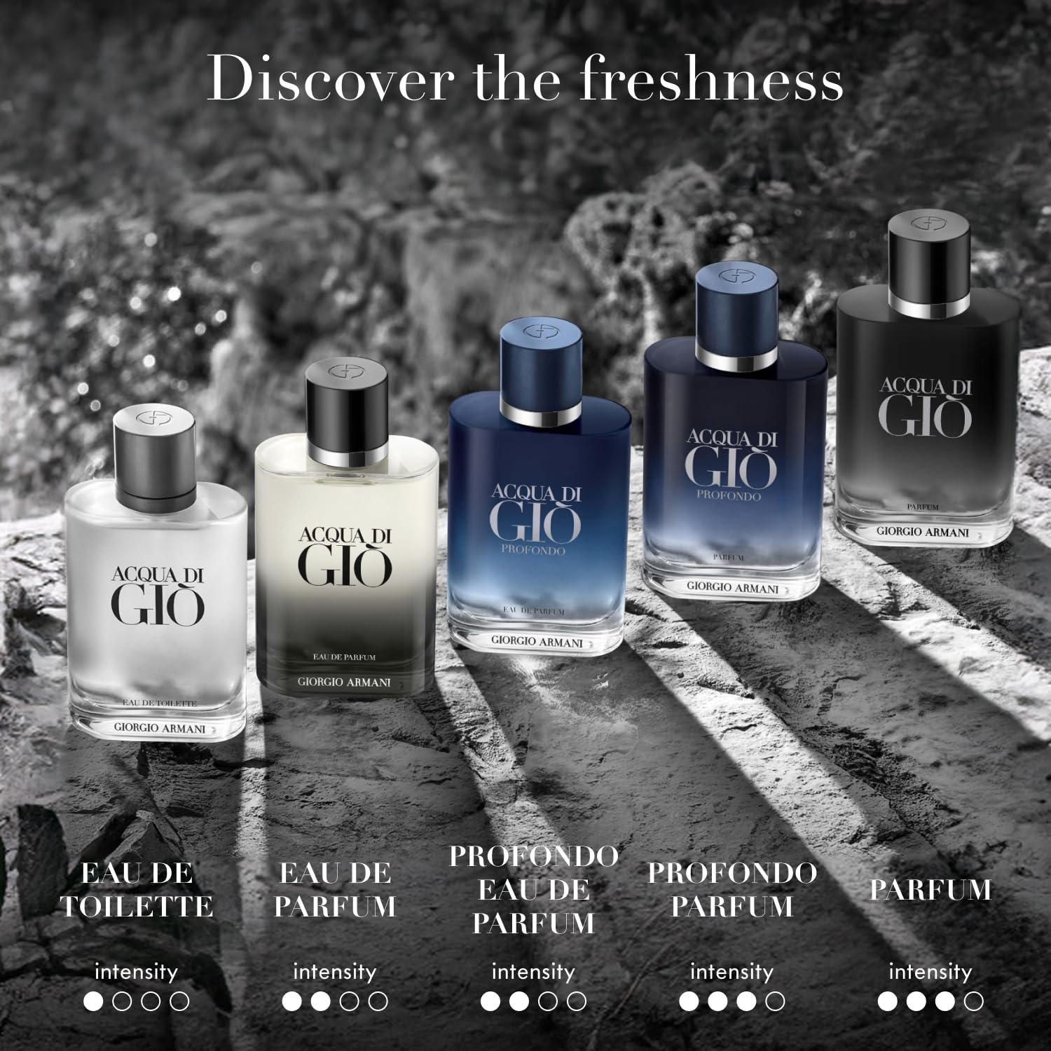 Armani Beauty frasco en ambiente costero transmitiendo la frescura mediterránea y vigor