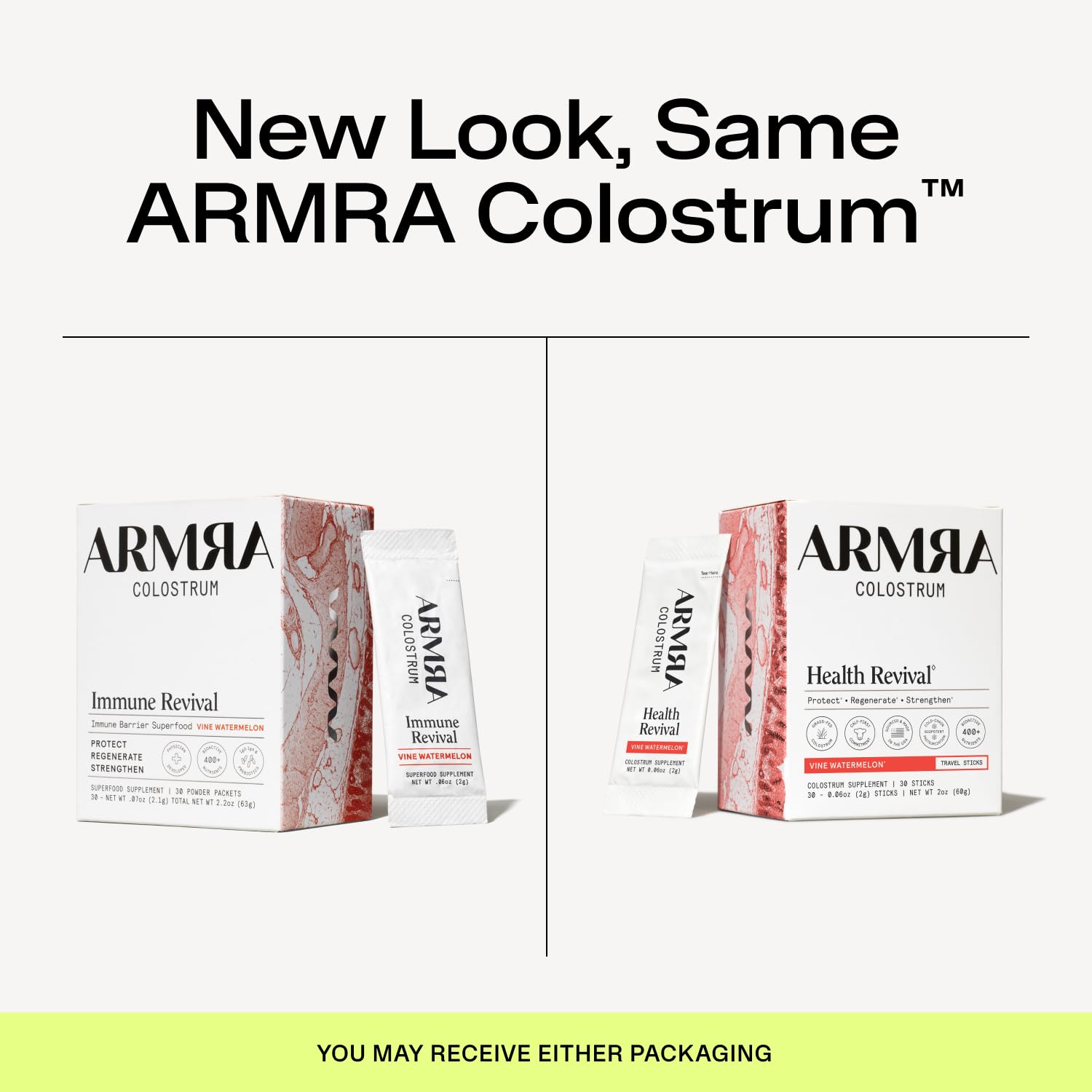 ARMRA stick abierto con polvo expuesto, resaltando pureza y fácil disolución