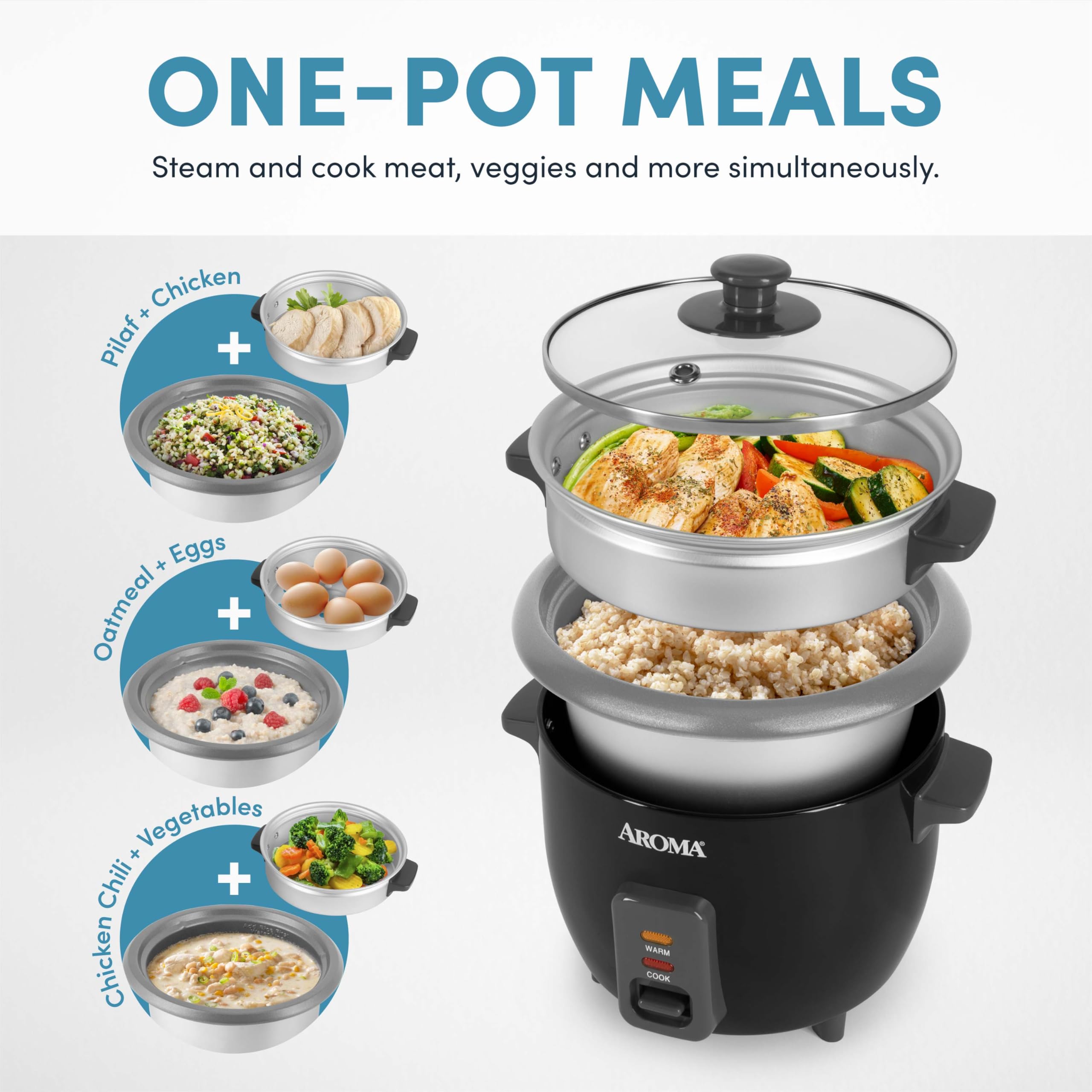 AROMA open cooker showing aluminum steam tray and removable pot for simultaneous steaming benefit