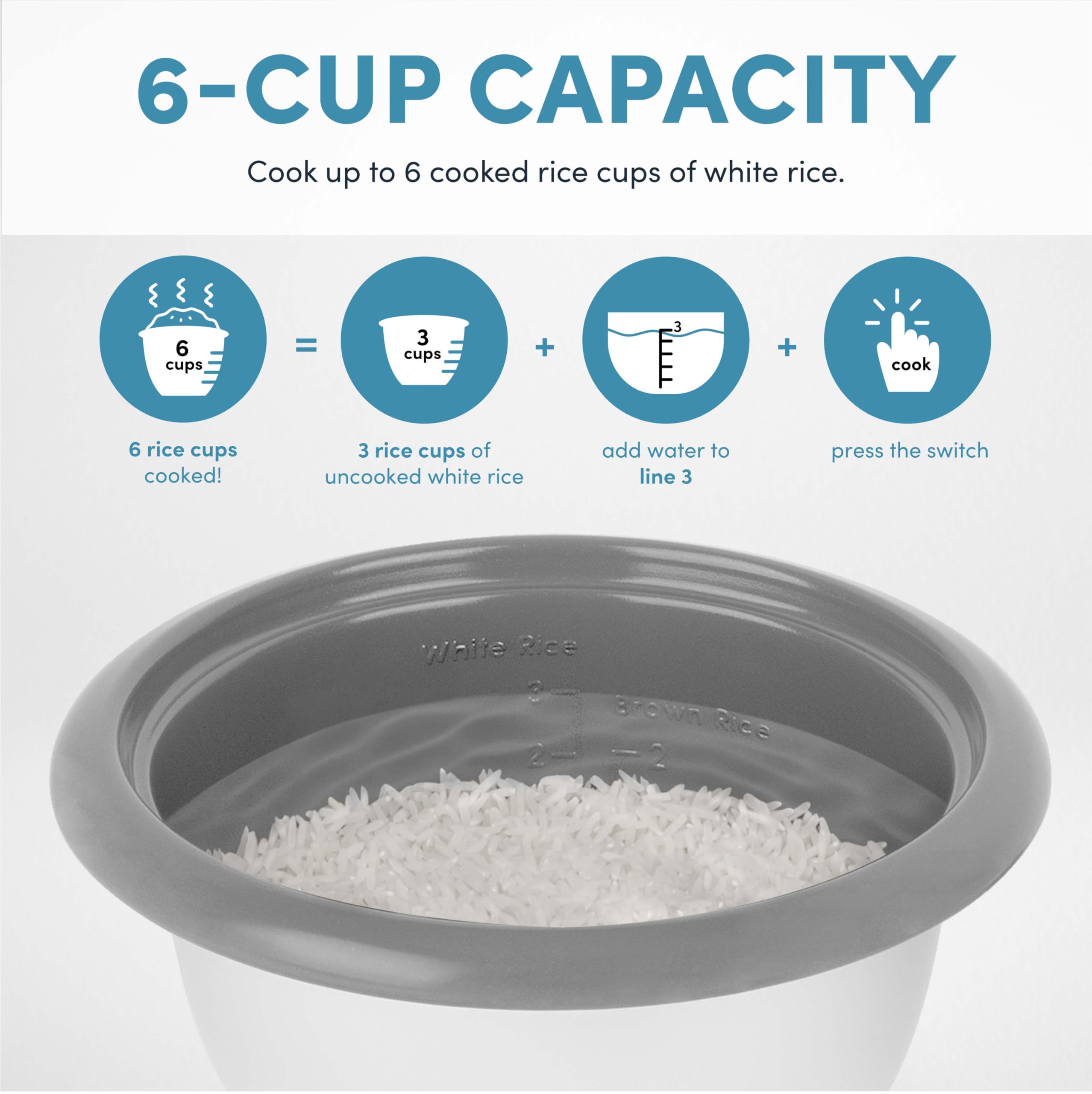 AROMA rice measuring cup and serving spatula accessories arranged to show portioning convenience