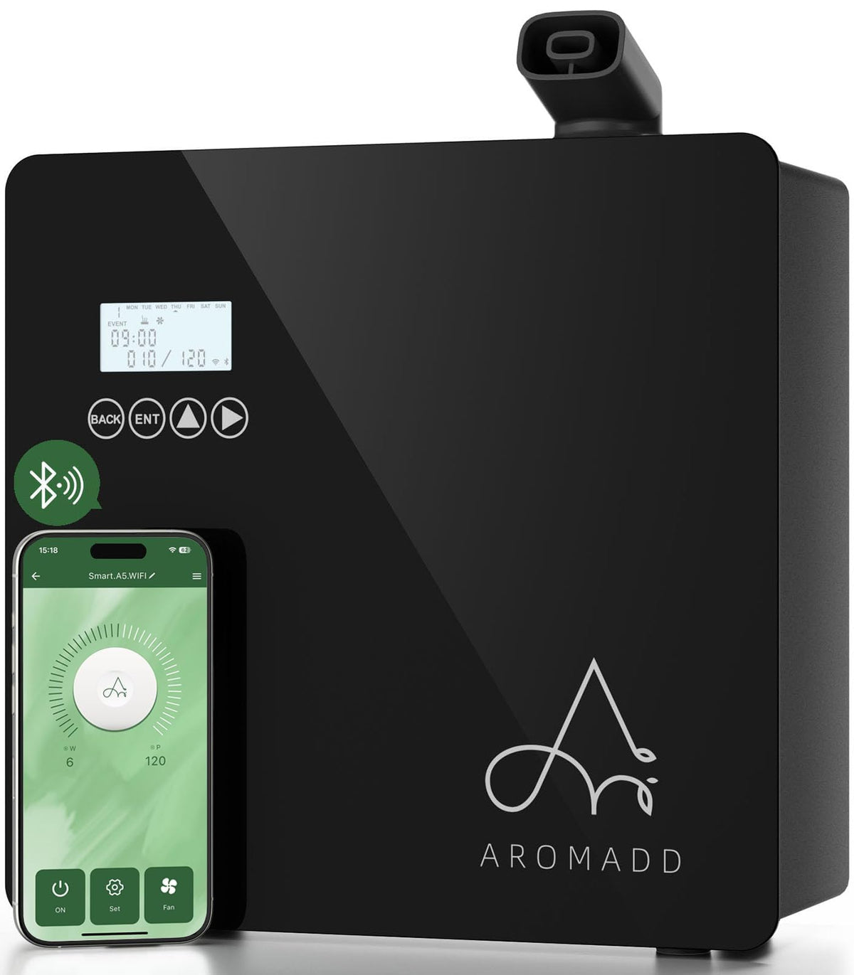 AROMADD difusor frontal mostrando su diseño compacto y cobertura
