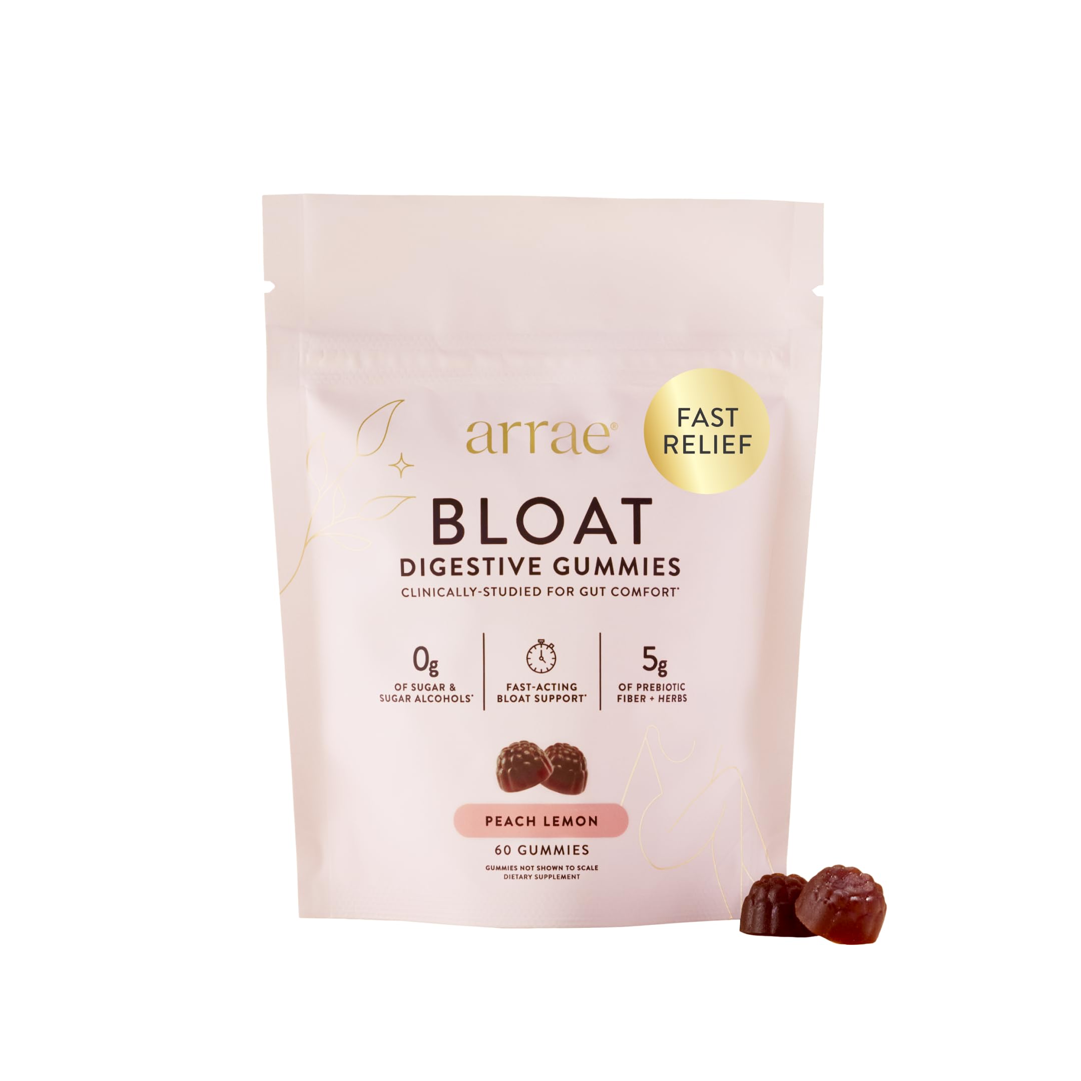 Arrae paquete frontal de gomitas Peach Lemon, apoyo digestivo sin azúcar