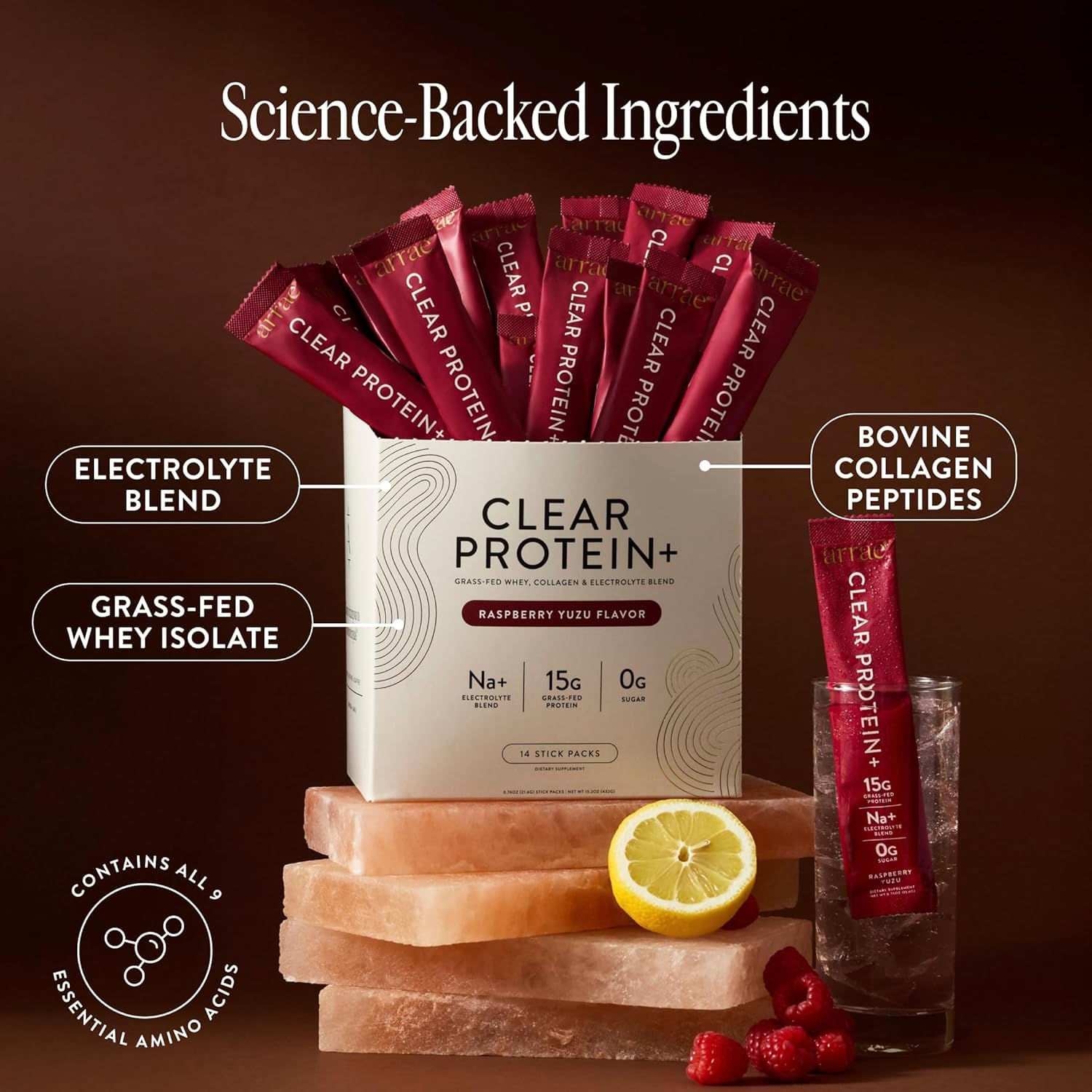Arrae Clear Protein bebida clara en primer plano, muestra textura sin grumos