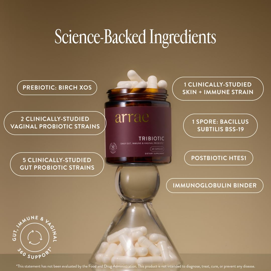 Arrae Tribiotic etiqueta con ingredientes, clarifica prebióticos y postbióticos