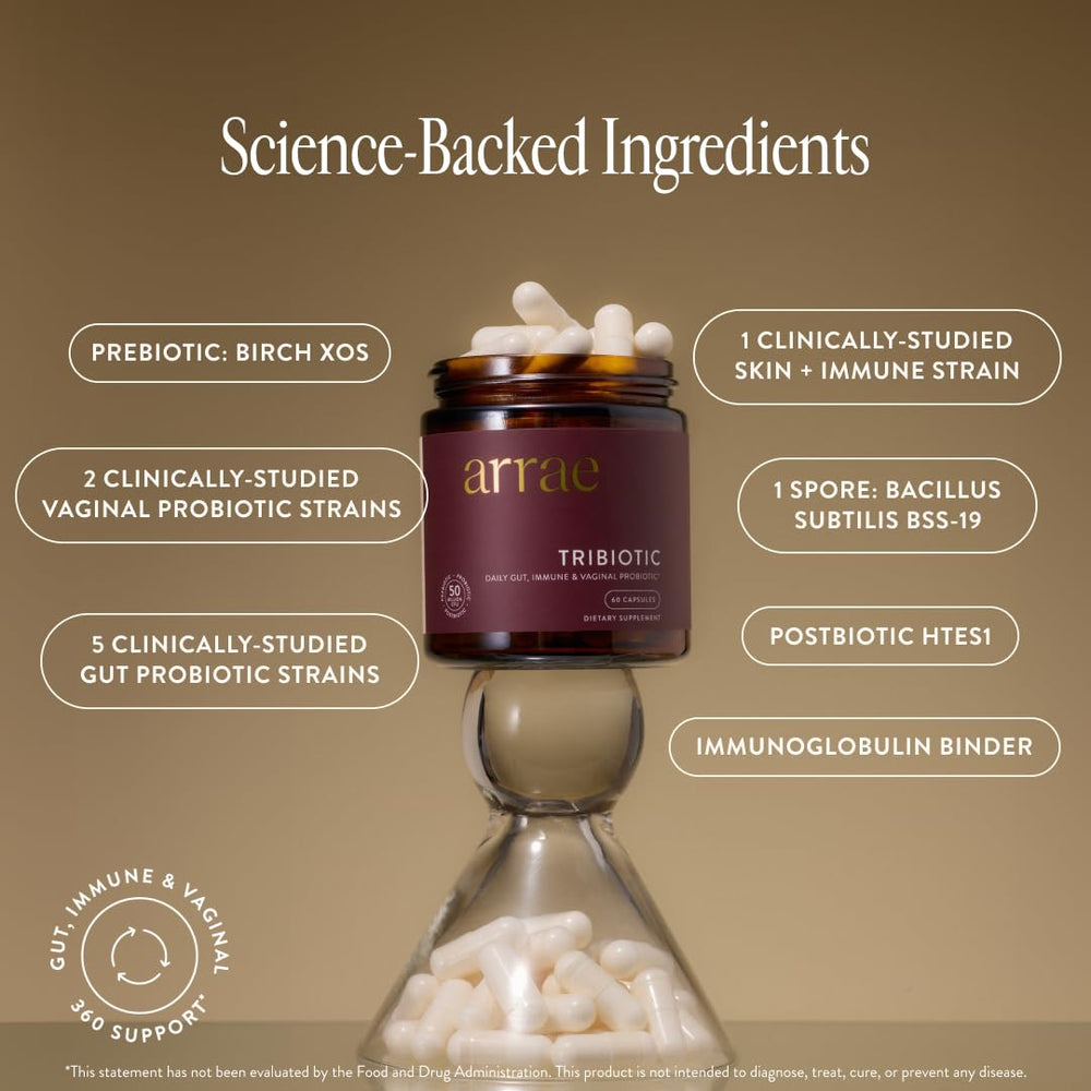Arrae Tribiotic etiqueta con ingredientes, clarifica prebióticos y postbióticos