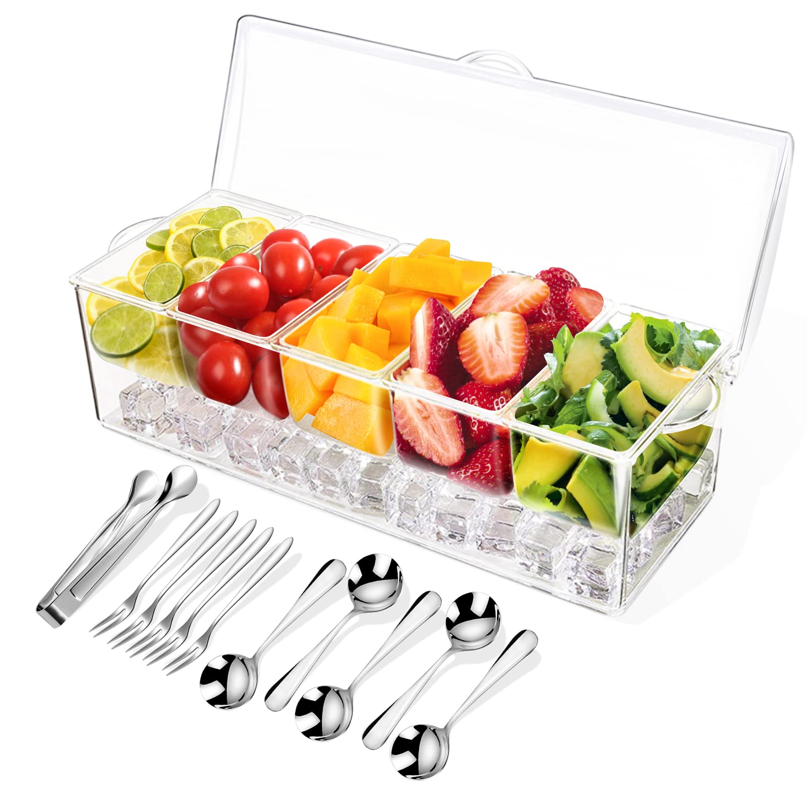 ARSTPEOE front view of chilled condiment tray showing clear compartments and contents for organized serving