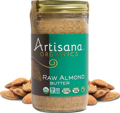 Artisana envase frontal de crema de almendra mostrando marca y tamaño, ideal para despensa