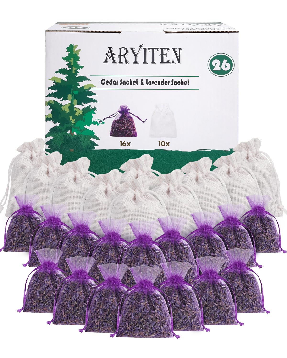 Aryiten vista frontal del pack de 26 saquitos cedro y lavanda con presentación clara y contenido