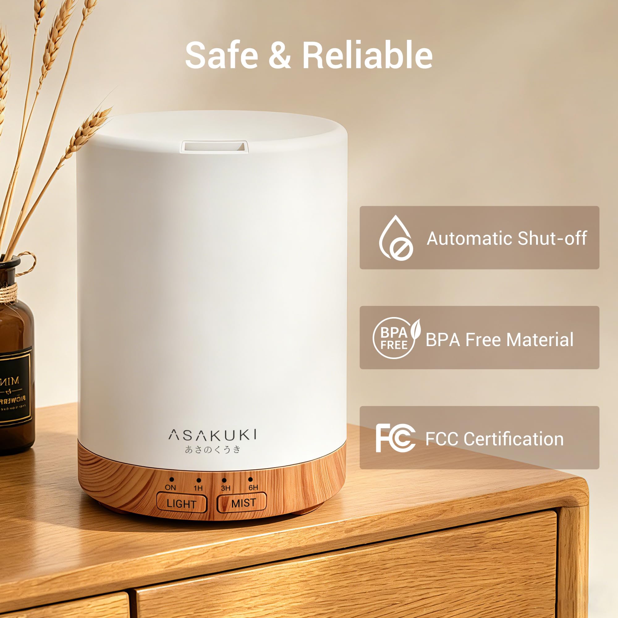 ASAKUKI niebla fina saliendo del difusor para humidificar y aromatizar el ambiente