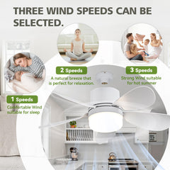 ASALL lámpara-ventilador en dormitorio demostrando iluminación regulable y confort