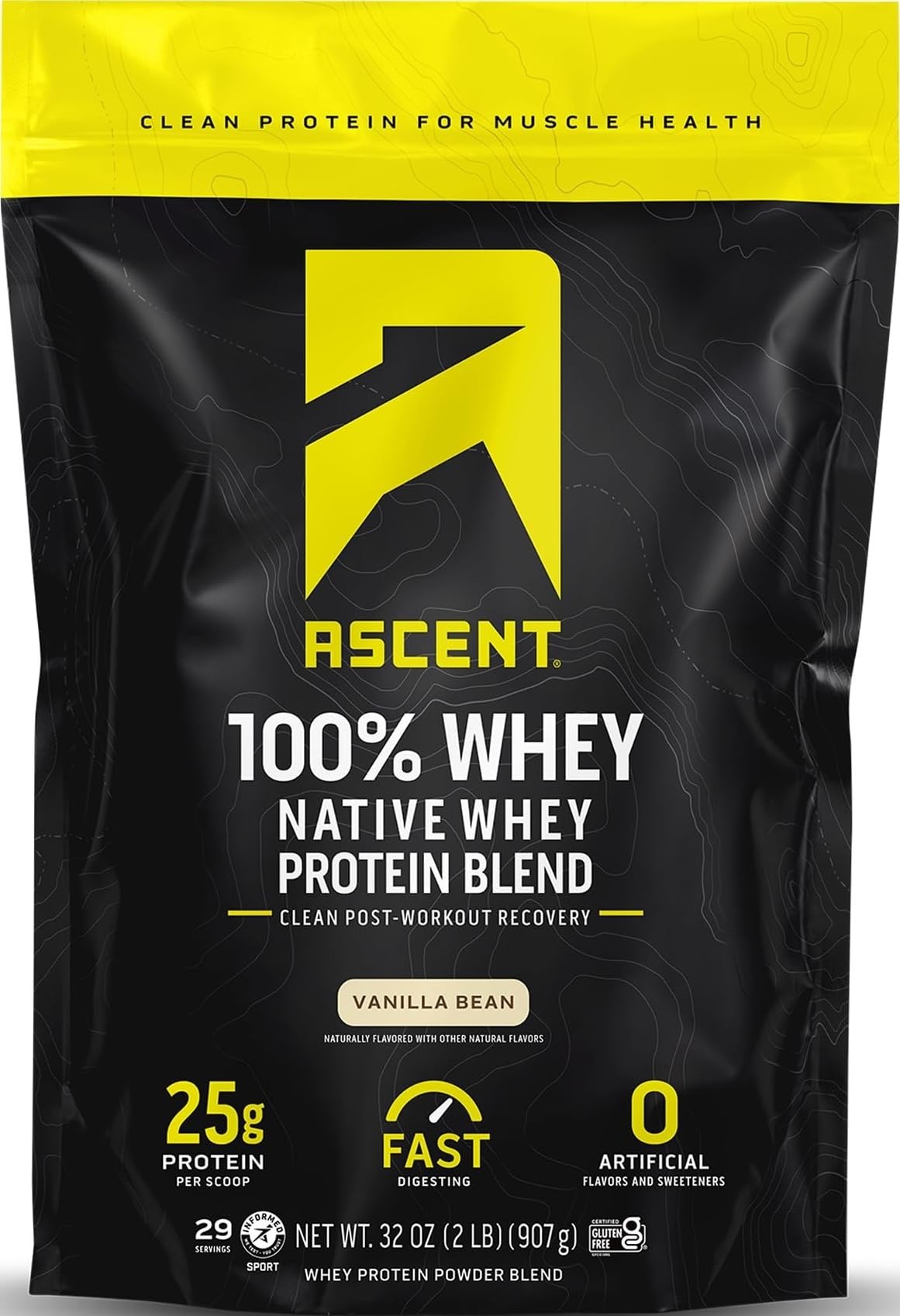 Ascent envase frontal vainilla mostrando etiqueta limpia y beneficios