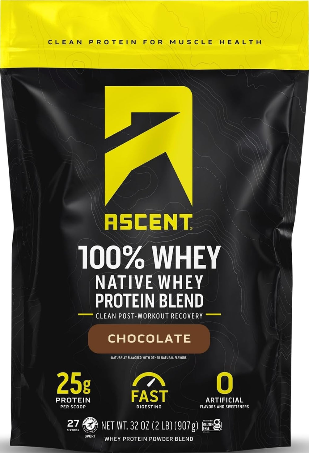 Ascent envase frontal mostrando el diseño y sabor chocolate, aporte claro de proteína