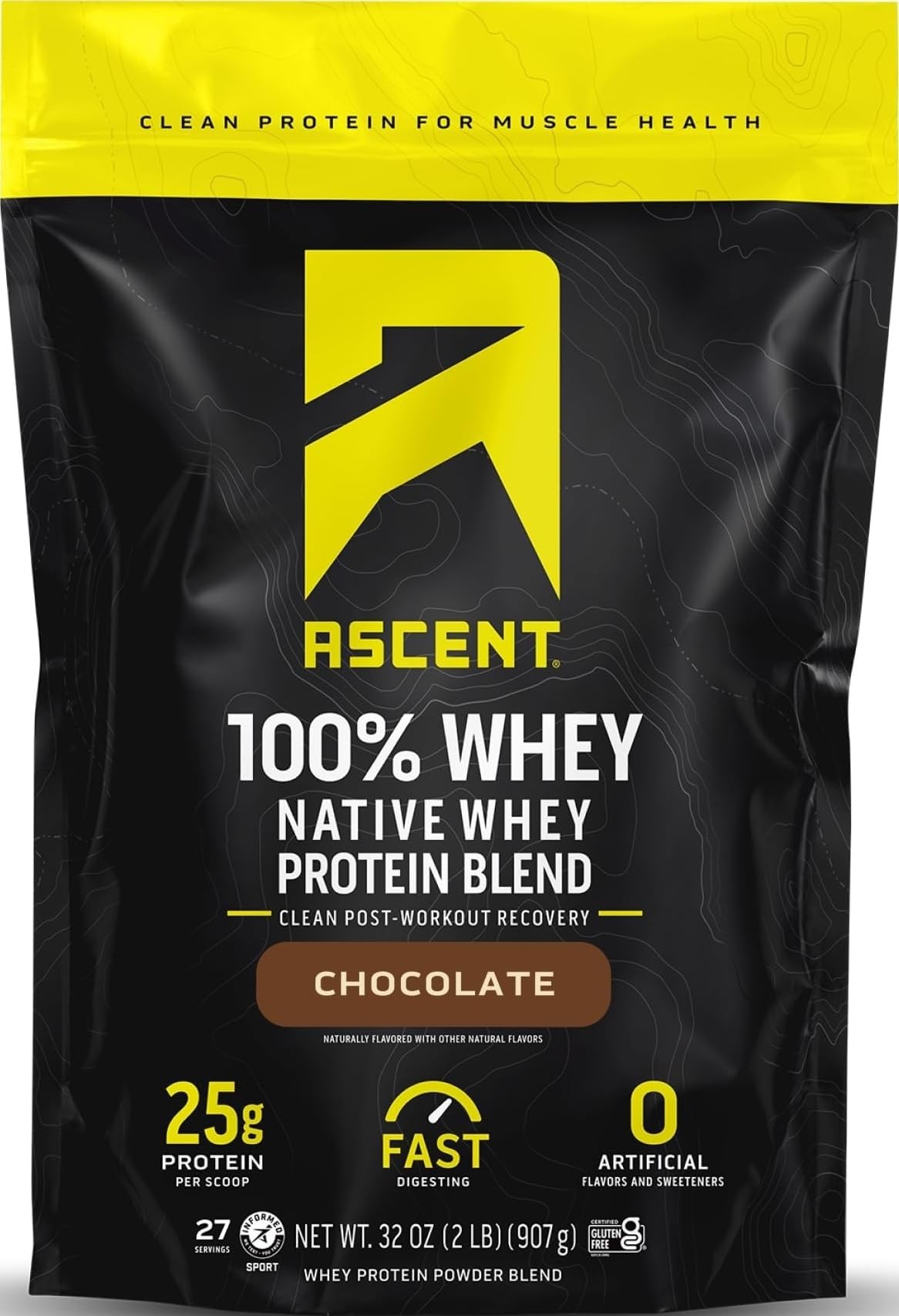 Ascent envase frontal mostrando el diseño y sabor chocolate, aporte claro de proteína