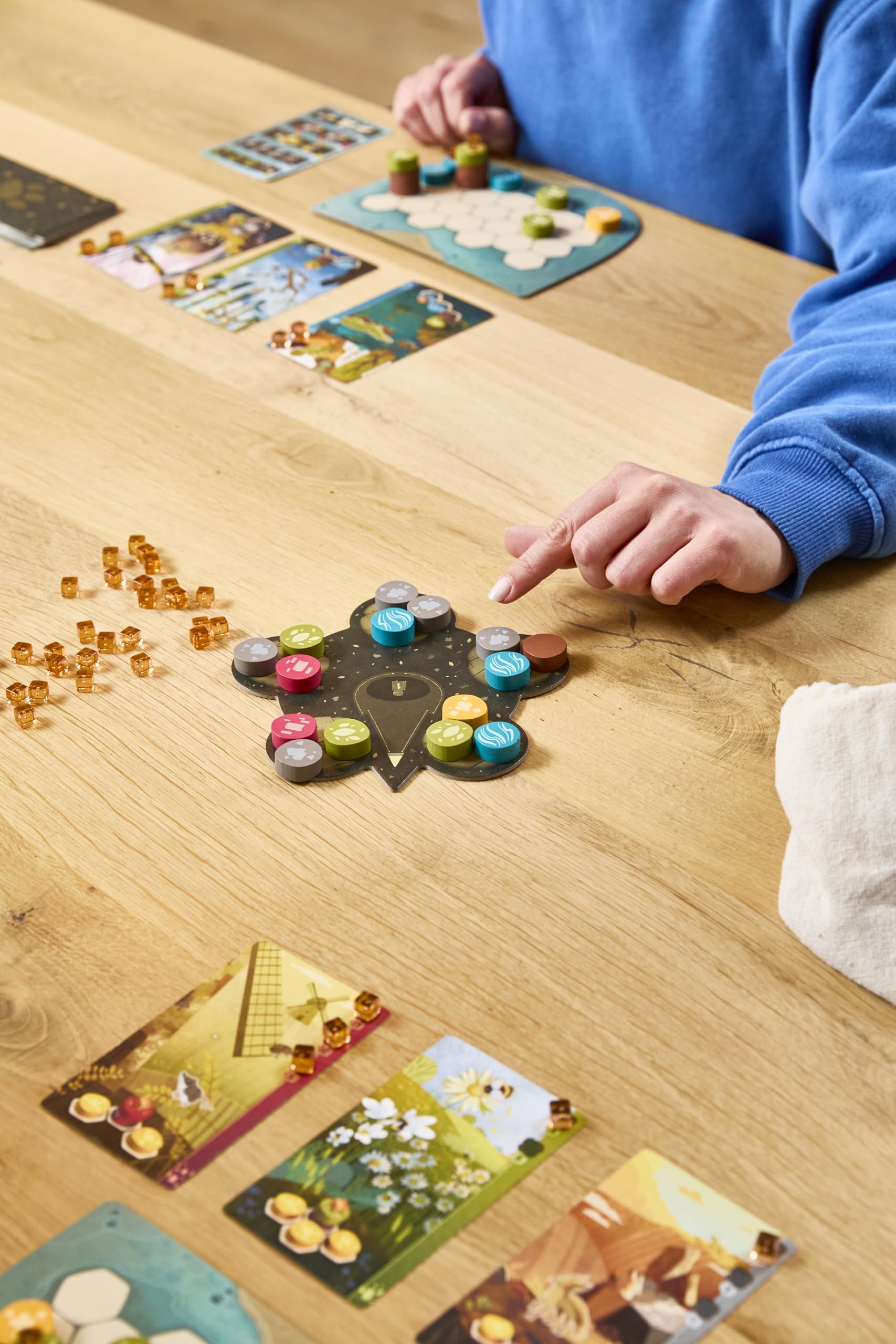 Asmodee comparación de tamaño de componentes de Harmonies para apreciar escala y almacenamiento