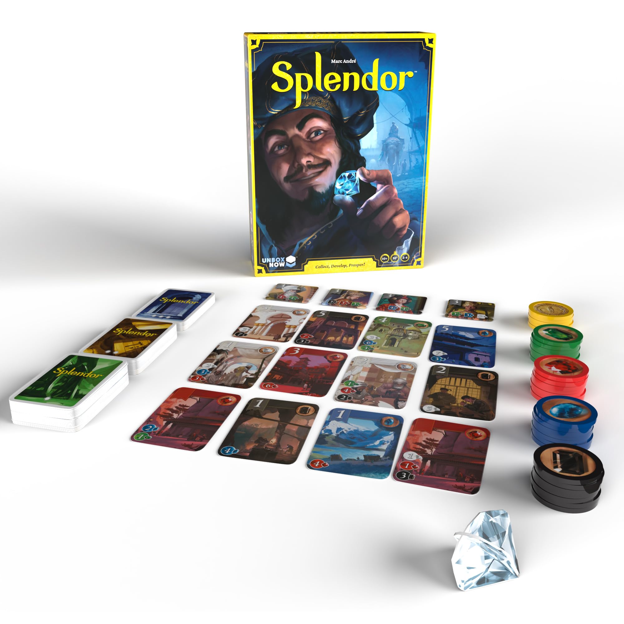Asmodee cartas detalle de Splendor mostrando costes y beneficios claros