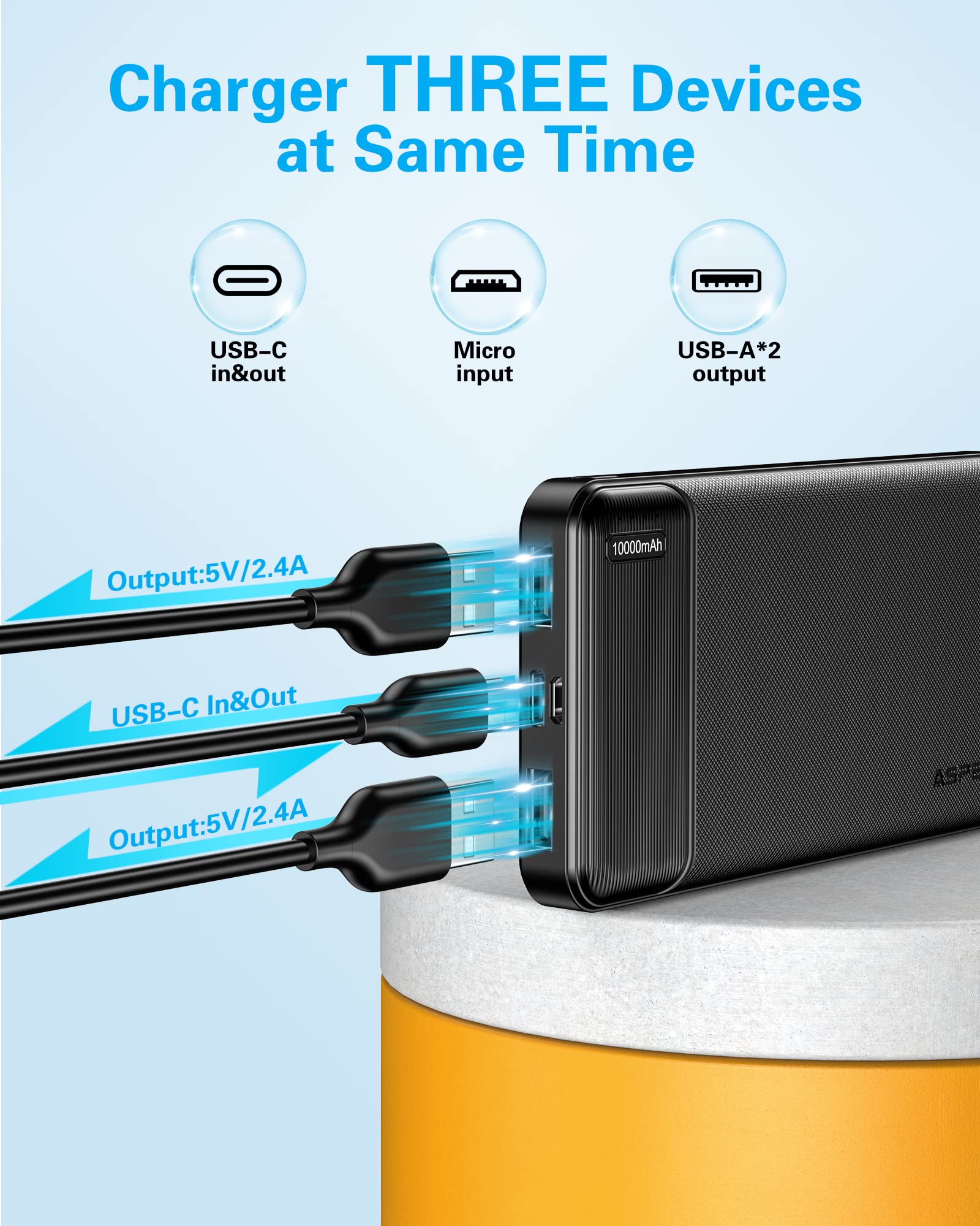 AsperX power bank cargando tres dispositivos simultáneamente para compartir energía