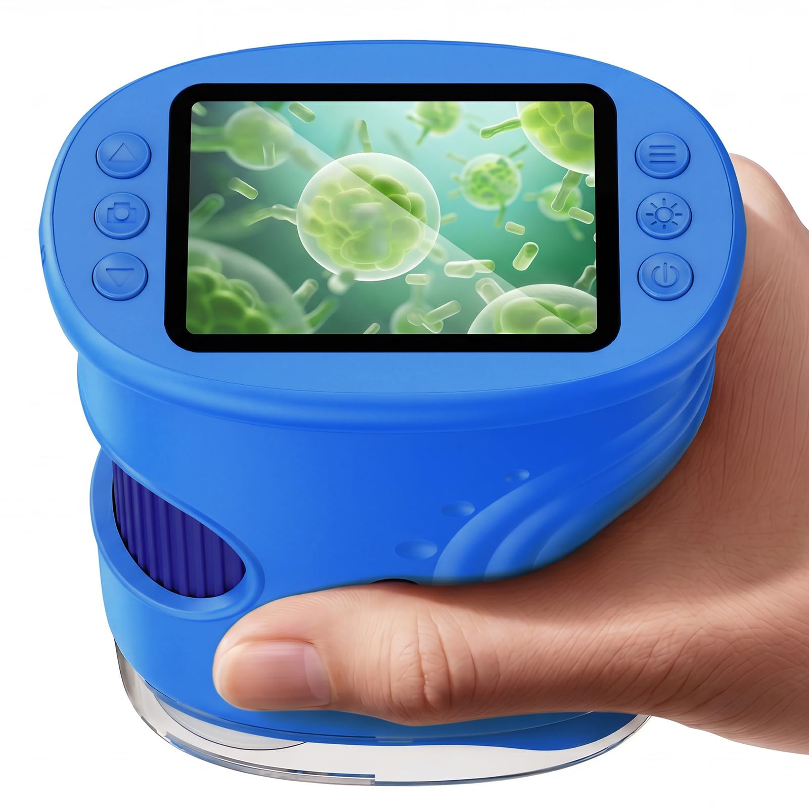ASPOVEN microscopio 4K frontal mostrando botones y diseño portátil
