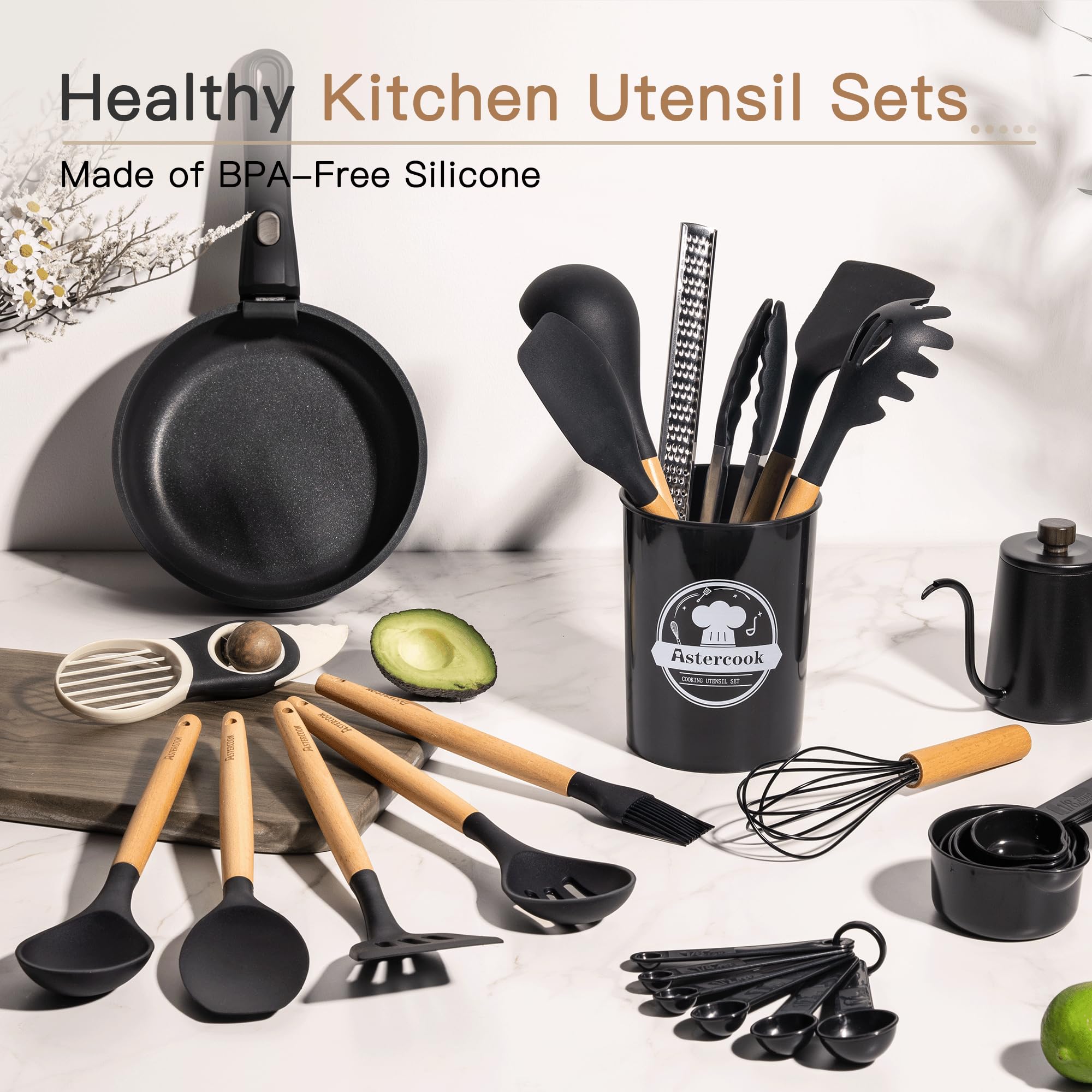 Astercook cabezas de silicona en primer plano, superficies suaves que protegen