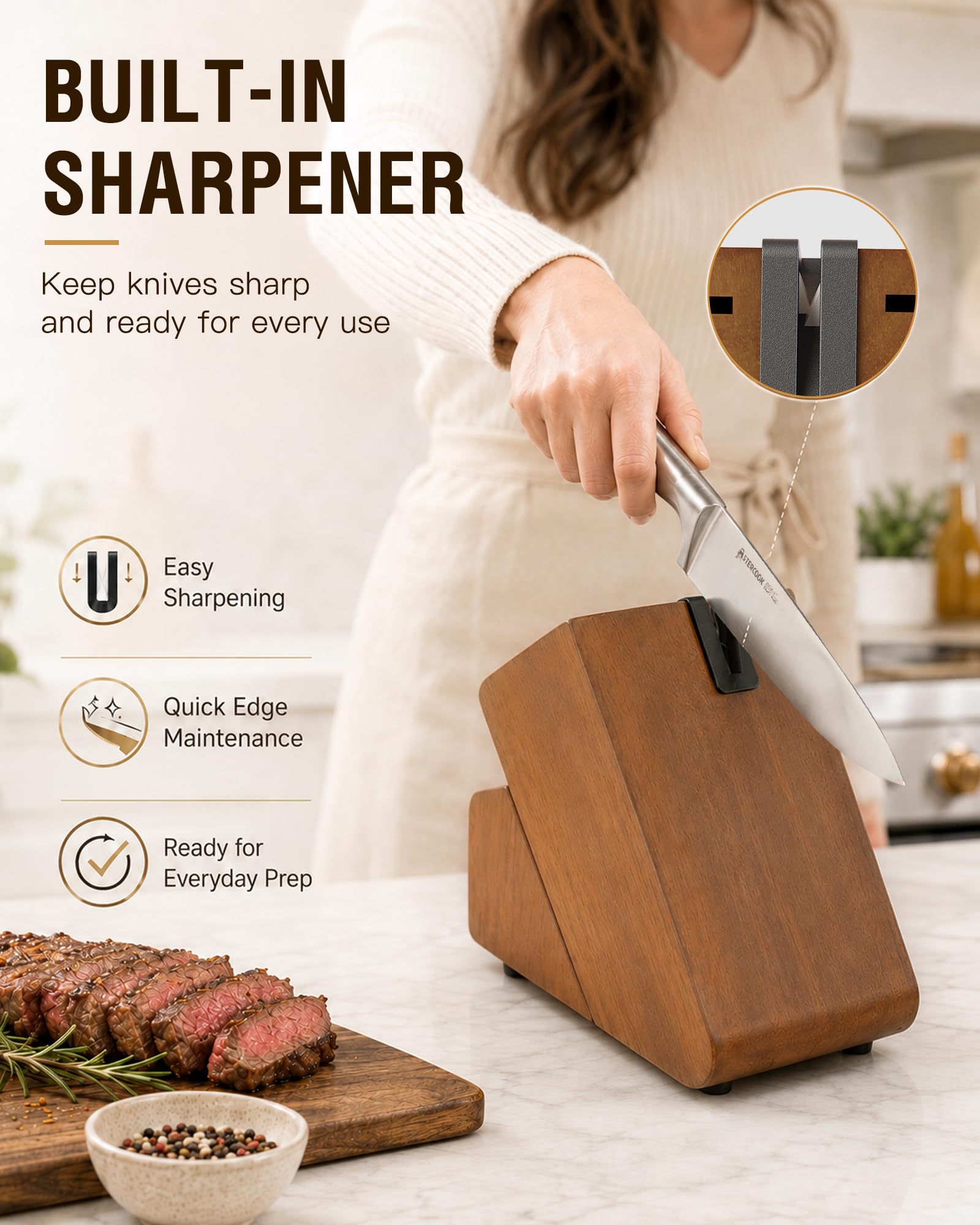 Astercook cuchillo en uso cortando verduras, precisión y velocidad en preparación