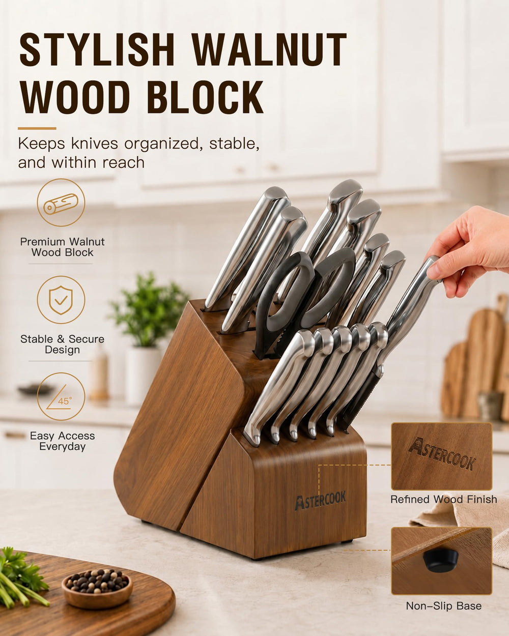 Astercook seis cuchillos para steak dispuestos en mesa, presentación lista para servir