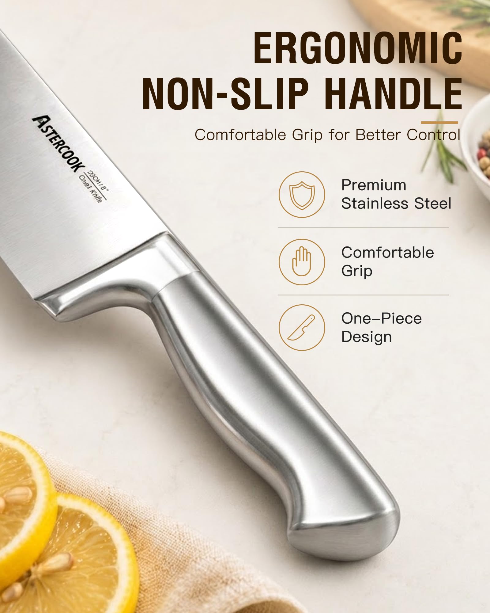 Astercook detalle del mango ergonómico antideslizante, agarre cómodo y seguro