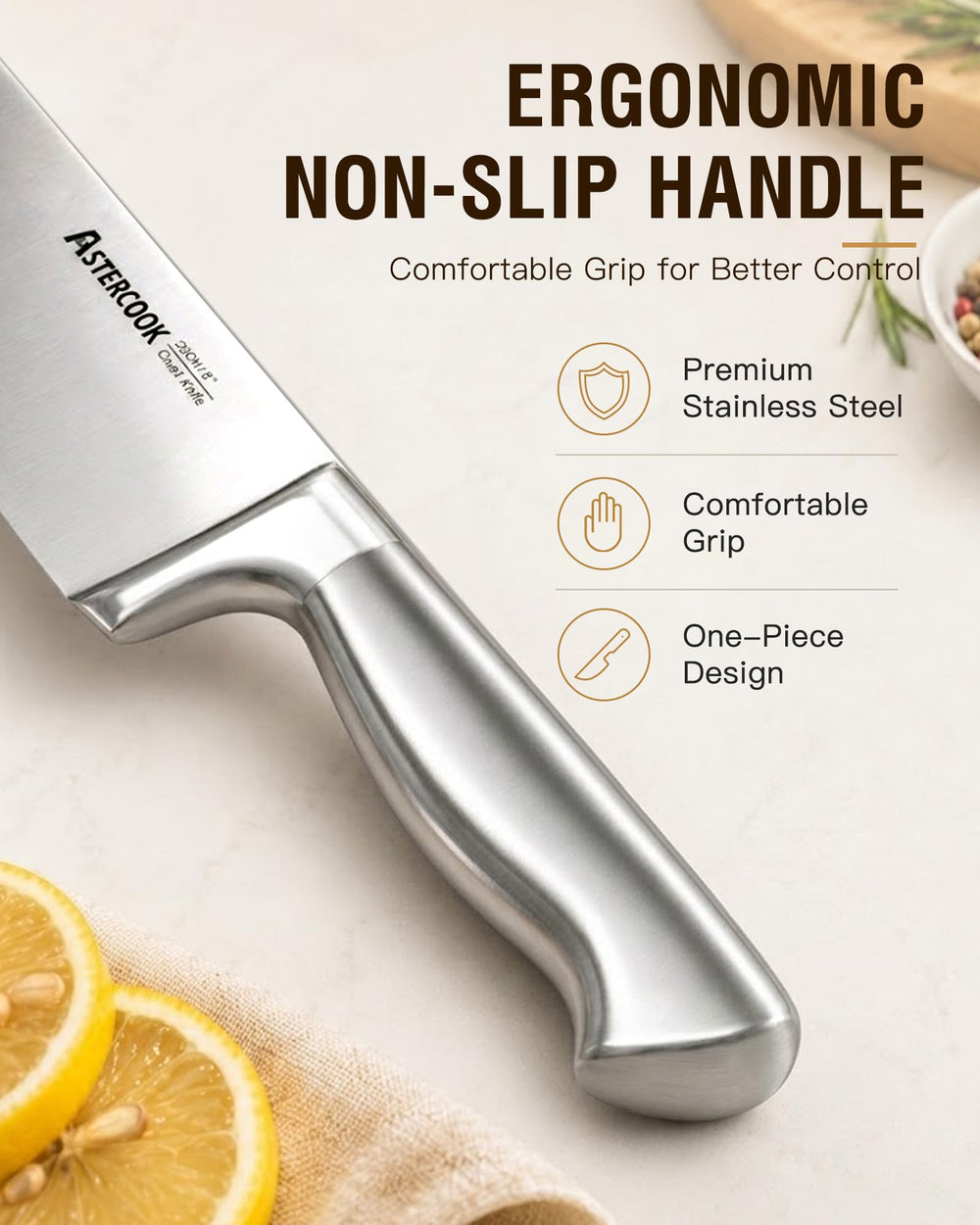 Astercook detalle del mango ergonómico antideslizante, agarre cómodo y seguro