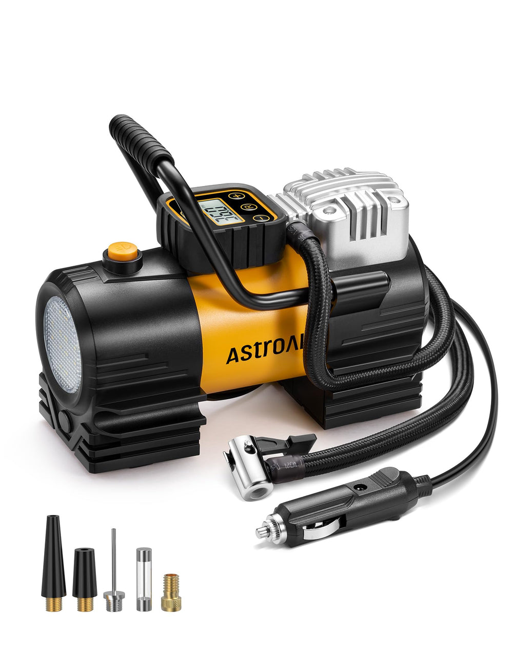 AstroAI vista frontal del compresor portátil mostrando diseño y puerto 12V
