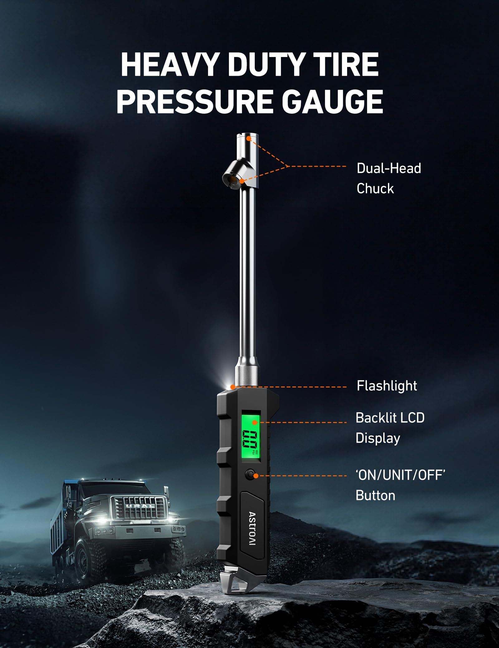 AstroAI gauge green backlit display and flashlight for clear nighttime visibility