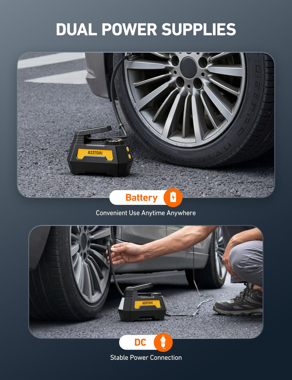 AstroAI inflando neumático de coche rápidamente con boquilla conectada