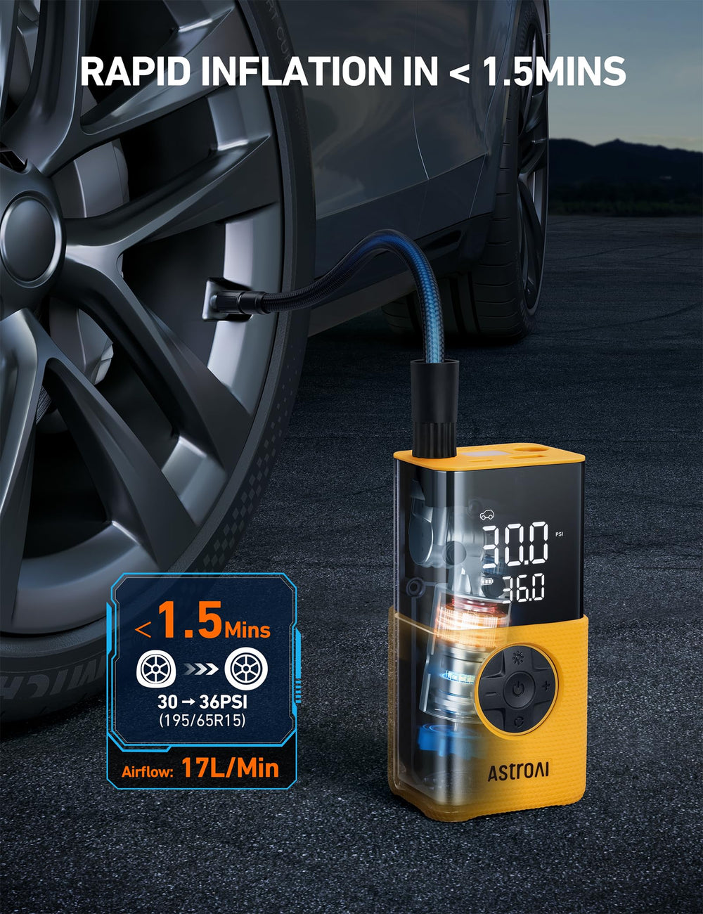 AstroAI L7S inflando neumático de coche, rapidez y control visibles