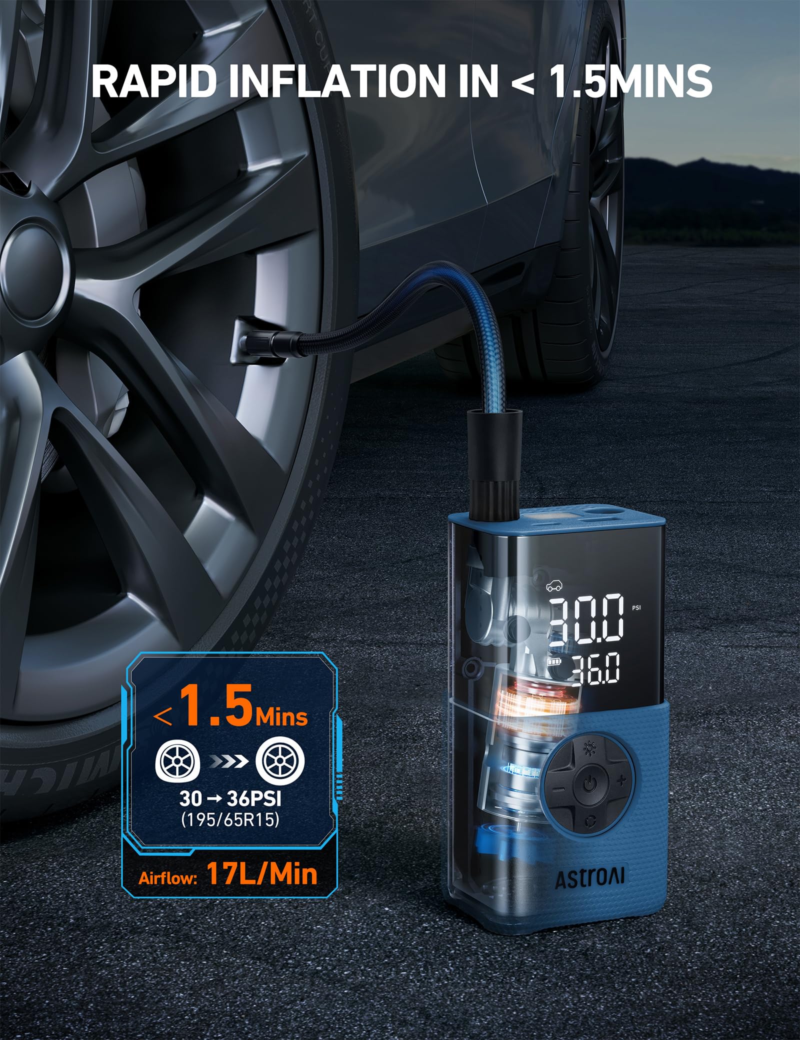 AstroAI L7S inflando rueda de coche, rapidez para emergencias en carretera