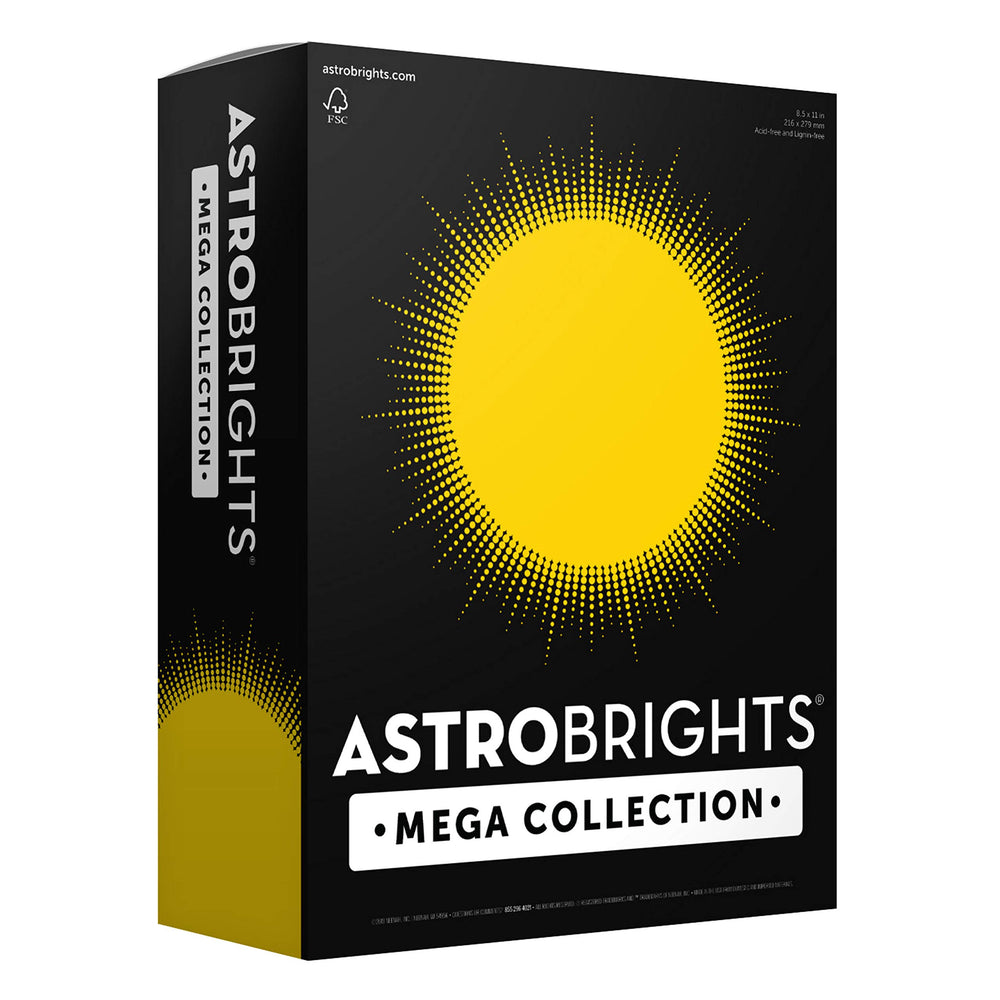 Astrobrights paquete frontal mostrando 320 hojas, color intenso y beneficios para proyectos